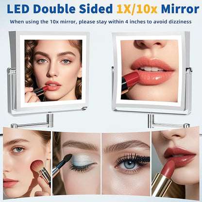 Ruacq Rechargeable Wall Mounted Makeup Mirror with Lights, Double Sided 1X/10X Magnifying Vanity Mirror with 3 Color Lighting, Touch Screen Dimmable, 360° Rotation Extension Foldable Arm(Chrome)