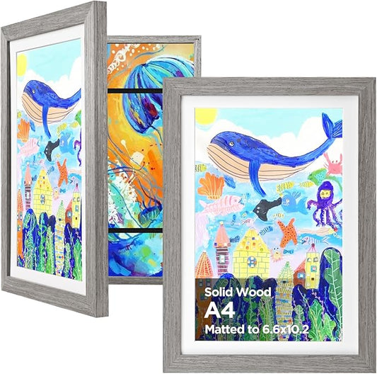KINLINK A4 Kids Art Frames Set of 2, Solid Wood Kids Artwork Frames Changeable with Acrylic Front Opening Holds 150 Pictures 8.3x11.7, Art Frame for Kids Artwork with Mat or without Mat, Grey