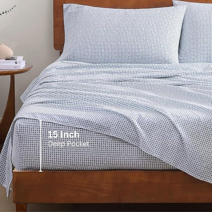 LANE LINEN 100% Organic Cotton Pre Washed Extra Long Twin Sheets Low Pill Fade Resistant Macine Wash Naturally Temperature Regulating Printed Cotton Sheets Twin XL Bed Sheets- Polka Dot Blue