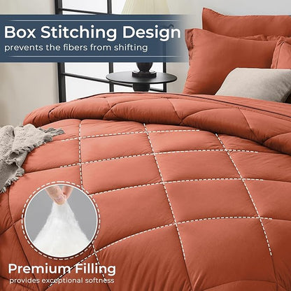 HEVUMYI Burnt Orange Full Comforter Set - 7-Piece All Season Bed in a Bag Full, Ultra Soft Bedding Set with Comforter, Flat Sheet, Fitted Sheet, Pillowcases, Pillow Shams