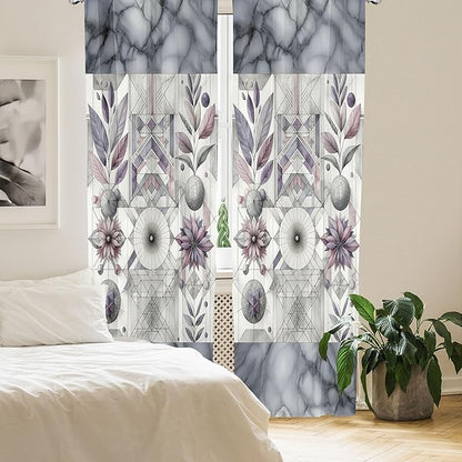Ambesonne Geometric Floral Window Curtains, Classic Marble Print Ornate Leafy Flowers and Futurist Stripes, Lightweight Decor 2-Panel Set with Rod Pocket, Pair of - 28" x 95", Ceil Blue Laurel Green