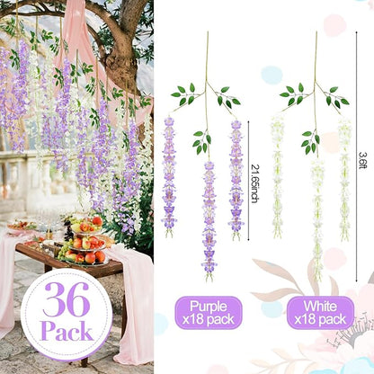 Giegxin 36 Pcs Artificial Wisteria Hanging Flowers 3.6 ft Artificial Fake Wisteria Vine Rattan Hanging Garland Silk Flowers String for Wall Home Wedding Party Greenery Decorations (Purple,White)