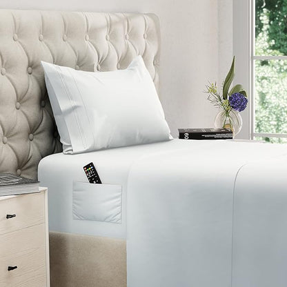 DREAMCARE Twin Sheets Set – 3pcs Cooling Sheets – up to 15” Deep Pocket Twin Sheet Set – Hotel Luxury Sheets & Pillowcases – Superior Softness 100% Fine Microfiber with Side Pocket – White