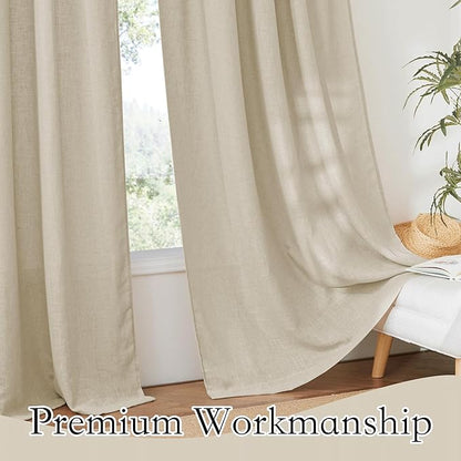 RYB HOME Sliding Door Curtains - Large Window Curtains for Living Room Dining Bedroom Decor, Linen Sheer Sunlight Glare Filter Privacy Backdrop, Beige, 100 inches Wide x 84 inches Long