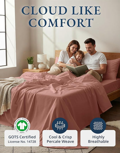 LANE LINEN 100% Organic Cotton Queen Sheets, Eco Friendly Mercerized Cotton Fully Elasticized Bedding Sheets & Pillowcase Set, Low Pill Fade Resistant Naturally Cooling Bedding Queen Size- Rose Dawn