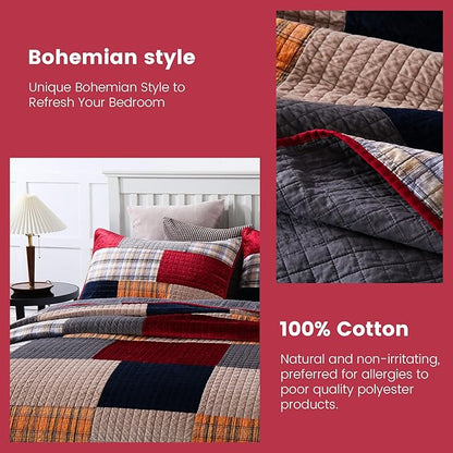 Secgo Velvet Queen Comforter Set for Bed - 100% Cotton Quilts Queen Size, Red, Black Bedspreads (90 * 98 Inch) with 2 Pillow Shams, Patchwork Reversible Lightweight Bedding