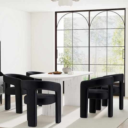 Modern Barrel Dining Chairs Set of 5, Velvet Upholstered Accent Side Chair with Arms Comfy Makeup Vanity Chairs, Dining Living Room Kitchen Chairs, Black