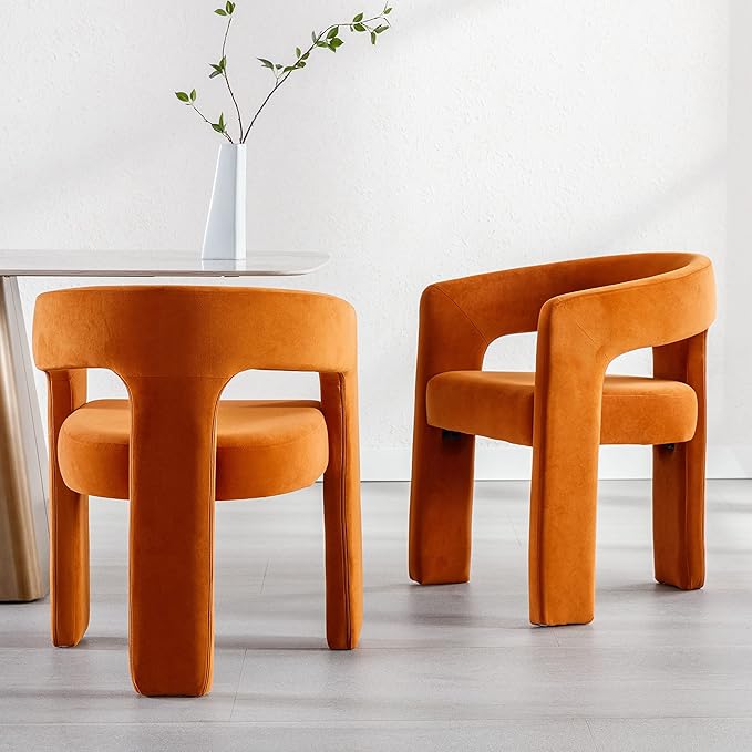 Modern Barrel Dining Chairs Set of 3, Velvet Upholstered Accent Side Chair with Arms Comfy Makeup Vanity Chairs, Dining Living Room Kitchen Chairs, Orange