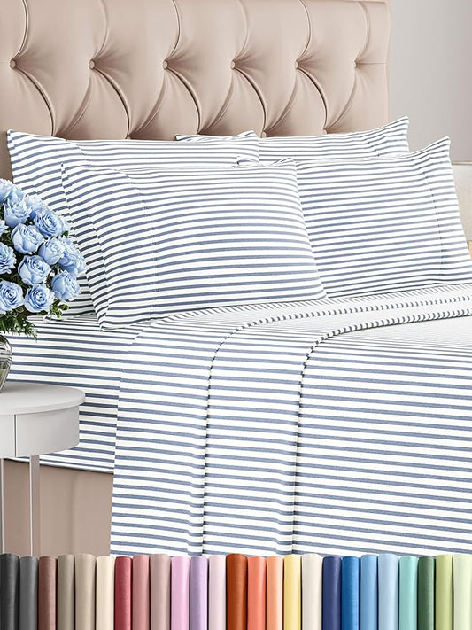 Full 6 Piece Sheet Set - Comfy Breathable & Cooling - Soft Hotel Luxury Bedding Set with 8-16 Inch Deep Pockets - 1 Flat & 1 Fitted Sheet & 4 Pillowcases - Wrinkle Free & Easy Care - Blue Stripes 2
