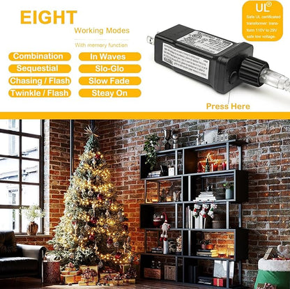 Decute 300LED Christmas String Lights Outdoor Waterproof 105FT UL Certified with End-to-End Plug 8 Modes, Warm White Indoor Starry Fairy Lights for Christmas Tree Patio Garden Wedding Party Decor