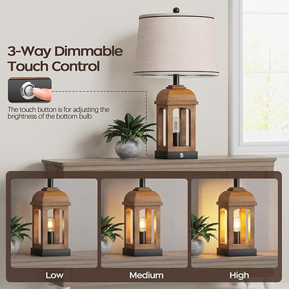 QiMH Table Lamp for Living Room, Farmhouse Lamps Set of 2 with USB A+C and Nightlight, 26" Rustic Bedside Lamps with 3-Way Dimmable Touch Control, Nightstand Lamp for Bedroom Decor, Wood Grain
