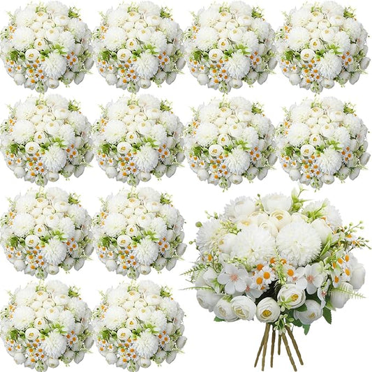 Tigeen 12 Bundles Peonies Artificial Flowers Faux Roses Silk Flowers Hydrangea Artificial Bouquet for Wedding Table Centerpiece Floral Vase Home Office Bridal Decor (Pure White)