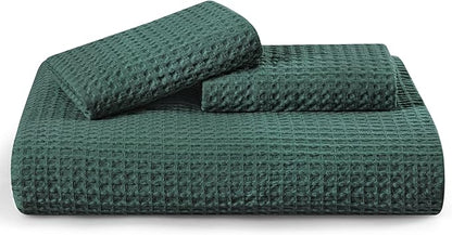 Bedsure Cotton Duvet Cover Queen - 100% Cotton Waffle Weave Forest Green Duvet Cover Queen Size, GentleSoft™ and Breathable Bedding Set for All Season, 3 Pieces, 90"x90"