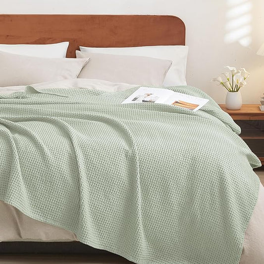 PHF 100% Cotton Waffle Weave Blanket Twin Size for Bed,Snag Proof Lightweight Breathable Moisture-Wicking Throw for Couch,Great for Layering in Cold Weather,Machine Washable,Home Decor Gift-Sage Green