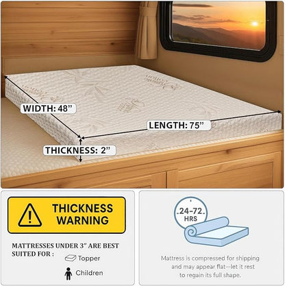 Foamma 2" x 48" x 75" Mattress for RV with Water Resistant Organic Cotton Cover, Firm High Density Foam, USA Made, CertiPUR-US Certified Foam