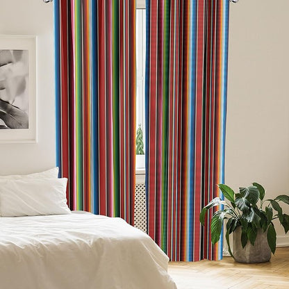 Ambesonne Cinco de Mayo Window Curtains Pack of 2, Mexican Serape Colorful Stripes Vertical Lines Latino Design Illustration, Lightweight Set with Rod Pocket, 4 Panels of - 28" x 95", Burgundy Blue