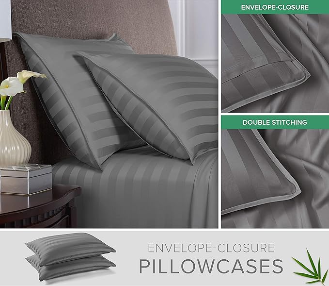 Queen Sheets by Pure Bamboo, Genuine 100% Organic Viscose Derived from Bamboo Bed Sheet Set, Luxuriously Soft & Cooling, Double Stitching, Lifetime Quality Promise (Queen, Jacquard Stone)