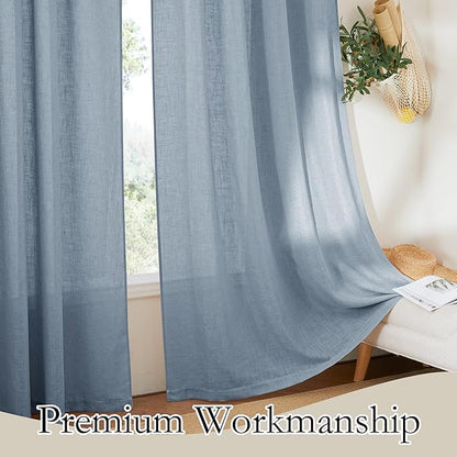RYB HOME Flax Linen Blend Curtains 102 inches Long for Living Room, Semi Translucent Privacy Protection Light Filtering Decorative Drapes for Bedroom, W 52 x L 102 inches, Dusty Blue, 2 Panels