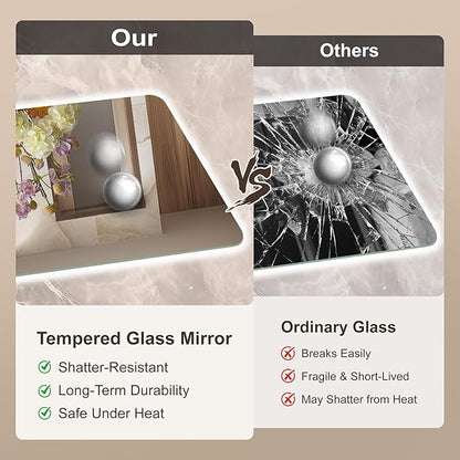 48''x30'' Lighted Mirrors for Bathroom Wall Backlit Rectangular Rounded Corners, LED Bathroom Mirror Frameless with Lights Anti Fog, Dimmable, 3 Colors,Tempered Glass, Shatter-Proof