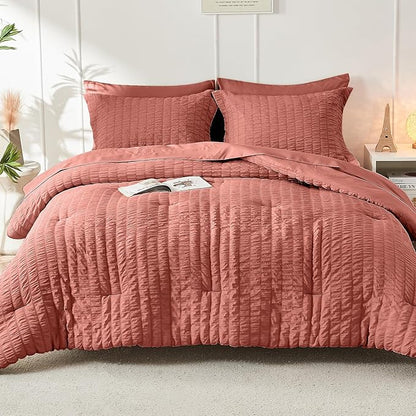 HYMOKEGE Coral Full Size Comforter Sets Seersucker 7 Pieces, All Season Luxury Bed in a Bag for Bedroom, Bedding Set with Comforter, Sheets, Pillowcases & Shams