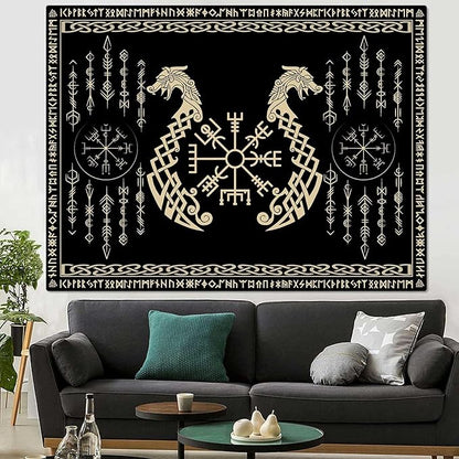 OSUNBD Nordic Vikings Tapestry, Small 6051 inches Soft Flannel, Vegvsir Symbol Twins Dragons Celtic Rune Scandinavian Aesthetic Mythology Tapestry Wall Hanging for Bedroom Living Room Decor