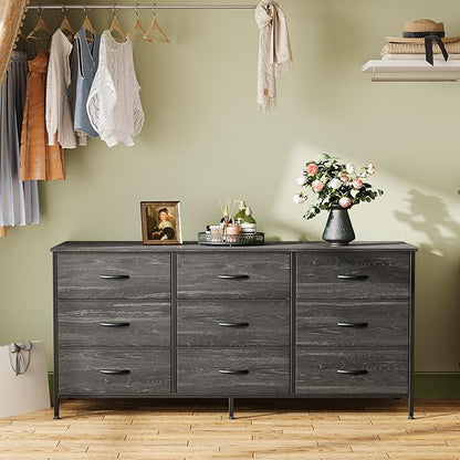 Huuger 9 Drawer Dresser, 47 Inch TV Stand for 50, 55 Inch TV, Entertainment Center with Drawers, Fabric Dresser Chest of Drawer for Bedroom, Closet, Charcoal Black Wood Grain Print