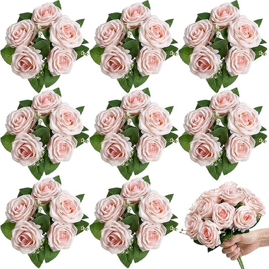 Artificial Roses Bouquets - 8 Bundles Fake Silk Flowers Realistic Faux Florals Bulk for Wedding Bridal Party Baby Shower Event Home Arrangements Centerpieces Decorations (Pink)