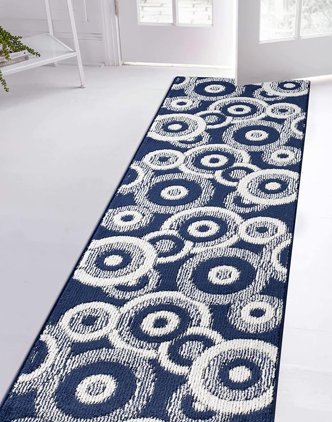 Custom Length Cut to Size Retro Modern Coastal Carpet Runner Rug for Hallways, Non Slip Rubber Backed, 31 inch Wide X Customized Length, Geo Blue, 31 inch X 13 feet