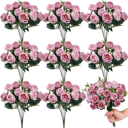 Zeyune 8 Pack 12 Inch Wedding Artificial Rose Bouquet Silk Roses Flowers Bunches Bulk Fake Roses for Bridal Home Office Garden Parties Valentine Decoration (Dusty Pink)