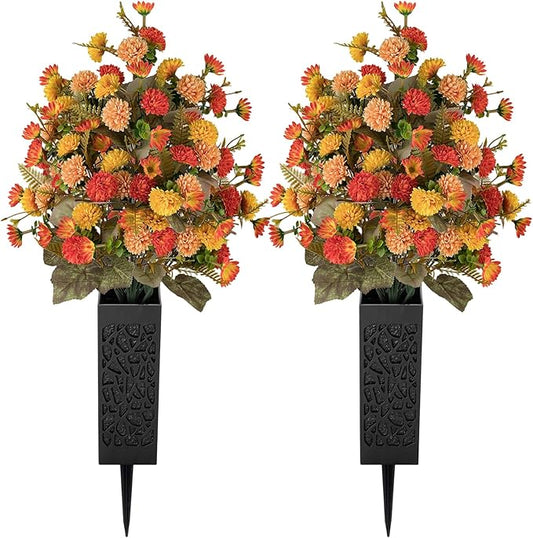 Artificial Cemetery Flowers for Grave: 2 Pcs Fake Fall Flowers for Cemetery Orange Mums Bouquets with Vases - Outdoor Grave Decorations