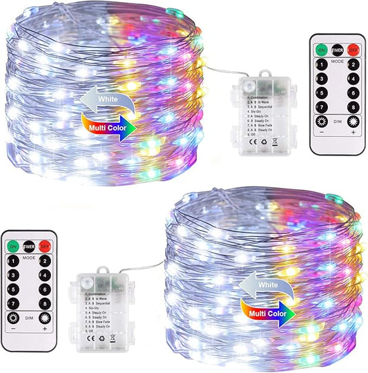 JMEXSUSS 2 Pack Color Changing Fairy Lights Battery Operated, Total 200 LED 66ft Color Changing Christmas Lights with Remote, 8 Modes Twinkle String Lights for Bedroom Decor, Cool White & Multicolor