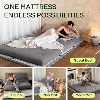 ZonLi Japanese Floor Futon Mattress Full Size 75"x 54", 100% Cotton Cover 4'' Thicken Tatami Mattress, Foldable Sleeping Pad, Portable Dormitory Tatami Mat, Roll Up Floor Lounger Bed for Adult (Grey)