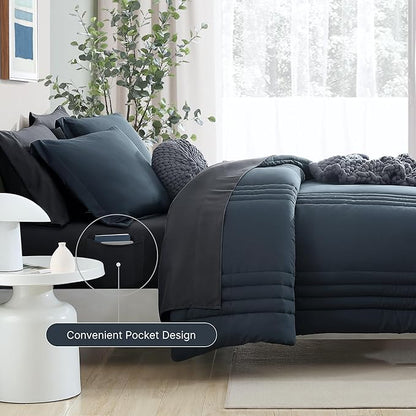 Monbix Oversized Queen Comforter Set - 7 Pieces Blue Grey Bed in a Bag Queen Bedding Sets with Comforters, All Seasons Down Alternative Comforter Bed Set with Sheets,Pillowcases & Shams