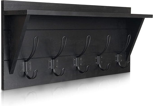 Wall Mounted Coat Rack Shelf, Rustic Wooden Country Style 24" Entryway Shelf with 5 Rustic Hooks Featuring Solid Pine Wood. Perfect Touch for Your Entryway, Mudroom, Kitchen, Bathroom and More, Black