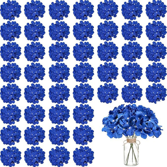 100PCS Artificial Hydrangea Flowers, Fake Flowers Silk Hydrangea Full Flowers Heads with Stems for Wedding Home Party Shop Baby Shower Decor (Royal Blue)