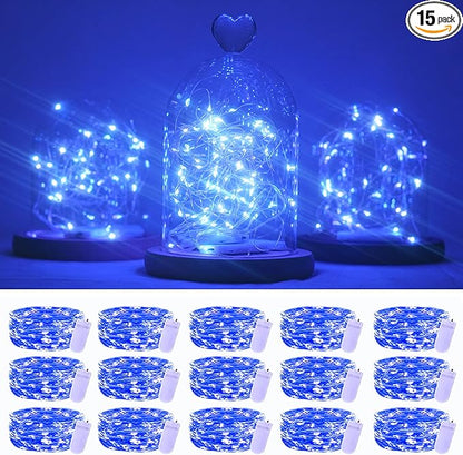 SmilingTown 15 Packs Fairy String Lights, 6.6FT 20 LED Battery Operated Silver Copper Wire Starry String Light for DIY Party Christmas Costume Wedding Easter Table Decorations (Blue)