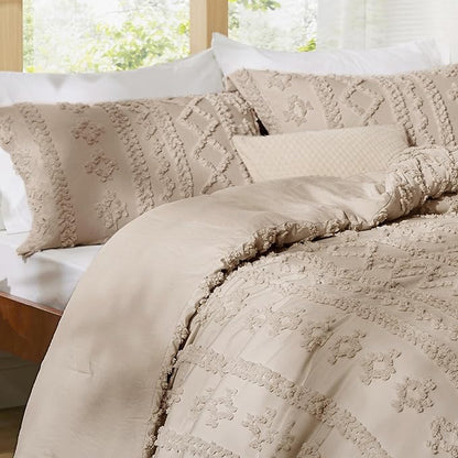 Bedsure Tufted Boho Comforter Set California King Size - Khaki Boho Bed Set, GentleSoft™ 3 Pieces Farmhouse Shabby Chic Embroidery Bedding, Gifts for Woman, Soft Jacquard Comforter for All Seasons