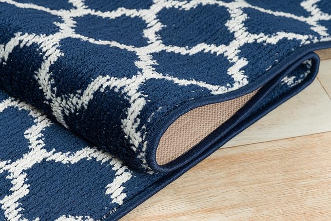 Custom Size Cut to Length Moroccan Trellis Design Runner Rug Mat For Wide Long Hallways with Non-Slip Rubber Backing, Better Traction for Pets, Prevent Slippage, Trellis Navy Blue, 31 inch X 10 feet