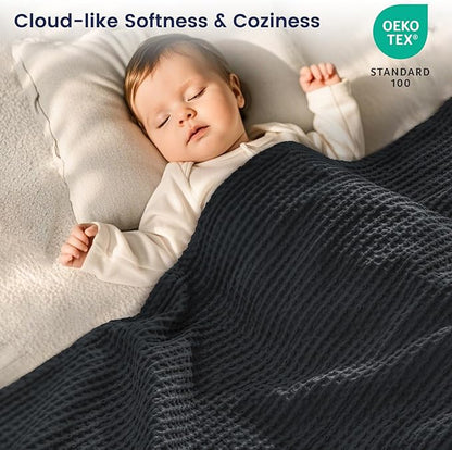 PHF 100% Cotton Waffle Weave Throw Blanket 50" x 60" - Lightweight Washed Soft Breathable for Adults and Kids - Perfect Layer for Couch Bed Sofa - Elegant Home Decoration Gift - Black
