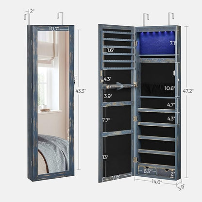 SONGMICS 6 LEDs Mirror Jewelry Cabinet, 47.2-Inch Tall Lockable Wall or Door Mounted Jewelry Armoire Organizer with Mirror, 2 Drawers, Christmas Gift, 3.9 x 14.6 x 47.2 Inches, Rustic Blue