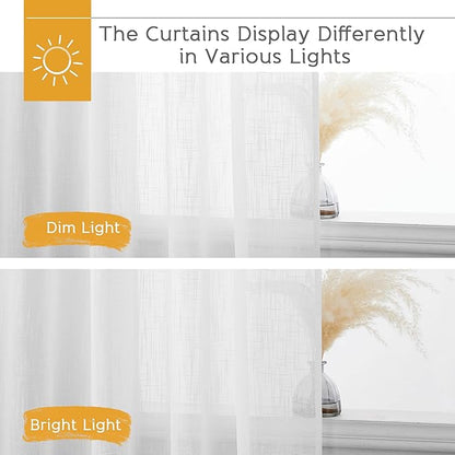 RYB HOME Short White Linen Curtains 45 inches Long, Cortinas para Cuarto Semi Sheer Curtains Rod Pocket Bedroom Kitchen Bathroom Window, White, W 52 x L 45, Set of 2