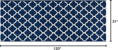 Custom Size Cut to Length Moroccan Trellis Design Runner Rug Mat For Wide Long Hallways with Non-Slip Rubber Backing, Better Traction for Pets, Prevent Slippage, Trellis Navy Blue, 31 inch X 10 feet