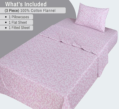 RUVANTI Flannel Sheets Twin XL Size - 100% Cotton Double Brushed Twin XL Sheet Sets, Deep Pockets 16 Inches, All Seasons Breathable & Extra Soft Bed Sheets, Warm & Cozy, 3 Piece, Pink Flora