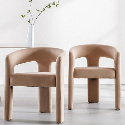Modern Barrel Dining Chair, Velvet Upholstered Accent Side Chair with Arms Comfy Makeup Vanity Chair, Dining Living Room Kitchen Chair, Khaki