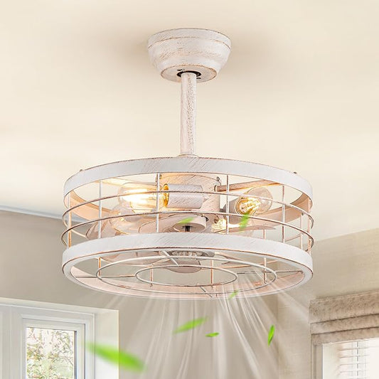 LEDIARY 16.5in Caged Ceiling Fan with Light, Fandelier Industrial Ceiling Fan with Remote, Rustic Metal Fan Lights Ceiling Fixtures for Kitchen, Farmhouse, Bedroom（6 Speed, Timing）-White and Gold