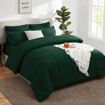 CozyLux Full Size Comforter Sets Emerald Green, 7 Pieces Bed in a Bag, Green Comforter Full Size, All Season Bedding Sets with Stitch Quilted Comforter, Flat Sheet, Fitted Sheet, Pillowcases
