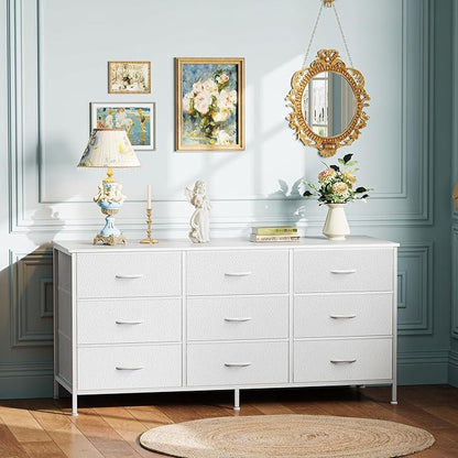 Huuger 9 Drawer Dresser, 47 Inch TV Stand for 50, 55 Inch TV, Entertainment Center with Drawers, Fabric Dresser Chest of Drawer for Bedroom, Closet, PU Leather Surface, White
