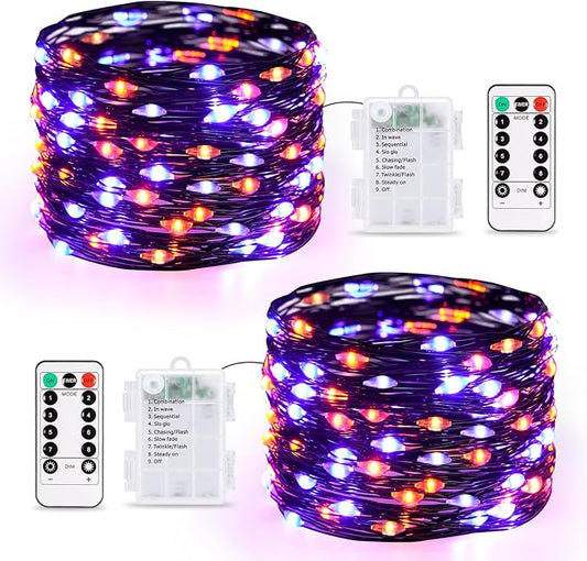 JMEXSUSS 2 Pack Orange and Purple Halloween Lights Battery Operated, Total 200 LED 66ft Halloween Fairy Lights with Remote, 8 Modes Twinkle String Lights for Fireplace Porch Tree Centerpiece Wreath