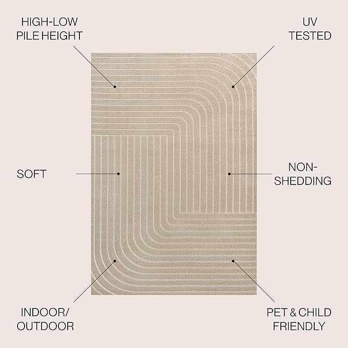 Eyely NCS101E-3 Odense High-Low Minimalist Angle Geometric Beige/Cream 3 ft. x 5 ft. Indoor/Outdoor Area Rug, for Home, Backyard, Patio, Porch, Bedroom, Kitchen, Living Room