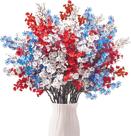 Uieke 6Pcs 4th of July Artificial Flowers Fake Patriotic Babys Breath Flowers for Independence Day Decor Blue White Red Silk Flowers for Memorial Day Floral Arrangement Home